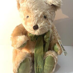 Harrods 1995 Christmas Teddy Bear 13" Seated Light Brown with Green Bow and Feet